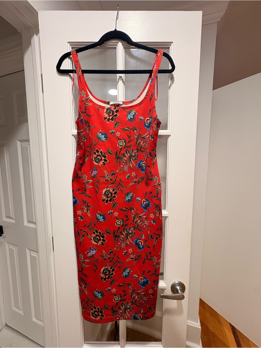 Zara Trafaluc Floral Bodycon Midi Dress Red Blue Sleeveless Spring 2017 XS
